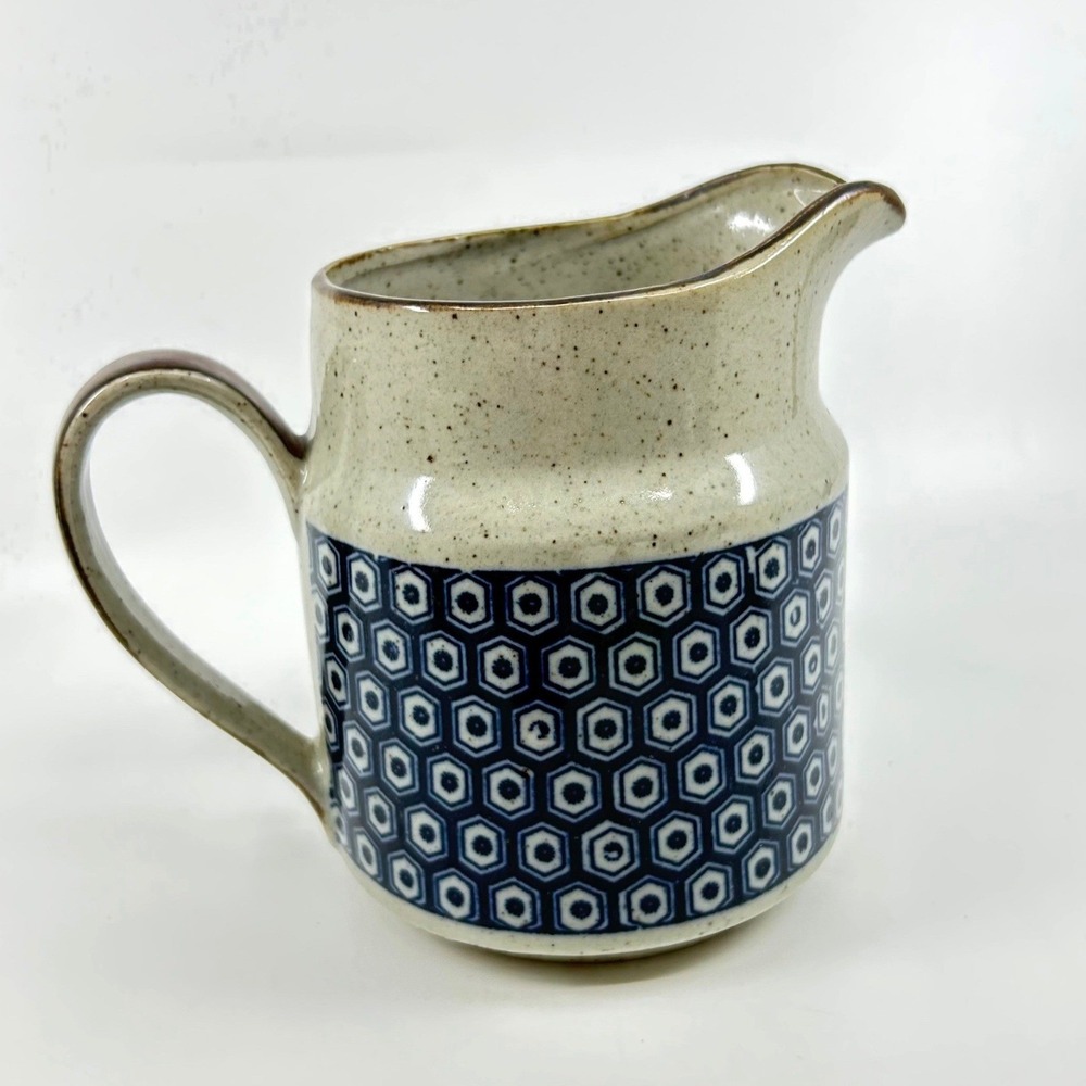 Vintage Speckled Stoneware Blue White Pottery Small Pitcher Home Decor Vase